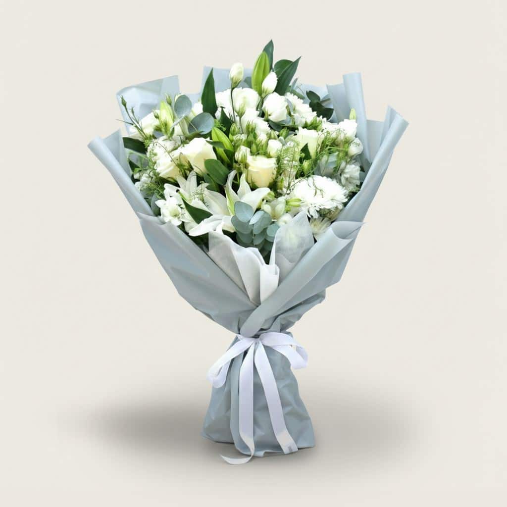 White condolence bouquet with mixed blooms and grey wrapping