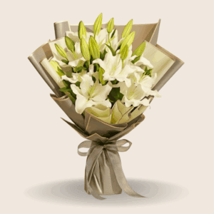 White lily condolence bouquet with elegant wrapping