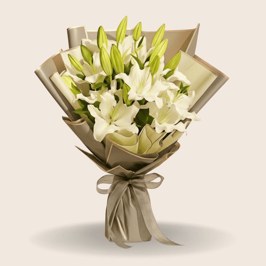 White lily condolence bouquet with elegant wrapping