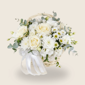 White condolence basket with roses and chrysanthemums