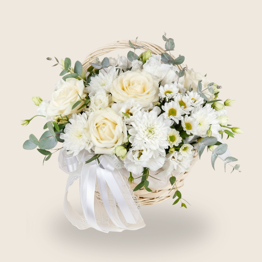 White condolence basket with roses and chrysanthemums