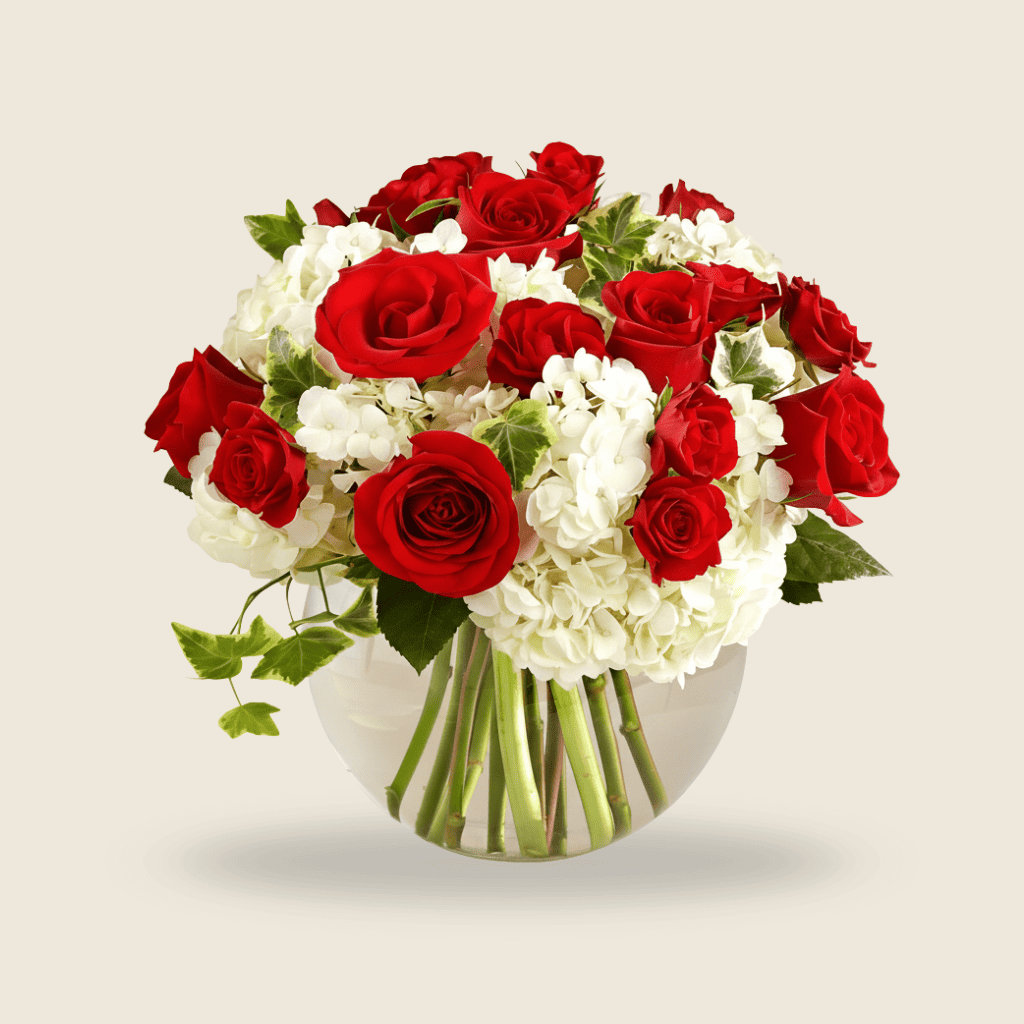 Elegant vase of red roses and white hydrangeas for romantic gifting