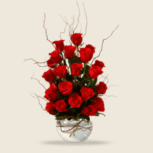 Modern round vase with upright red roses and twigs