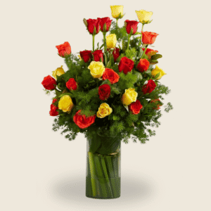 Bright tall vase with red, yellow, and orange roses