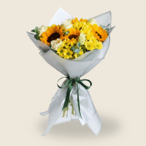 Bright sunflower bouquet with white roses and yellow blooms in hand wrap