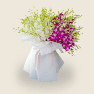 Luxurious white and purple orchid bouquet wrapped in white paper