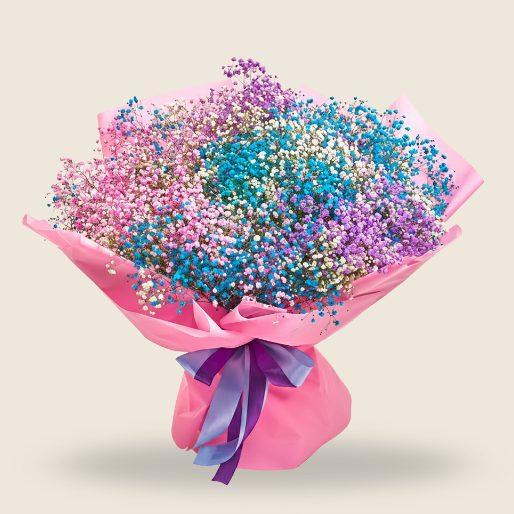 Playful bouquet of colorful gypsophila with pastel wrapping