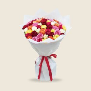 Large mixed roses bouquet in white wrapping